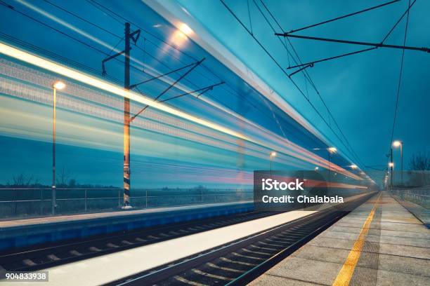 Light Trail Of The Train Stock Photo - Download Image Now - Train - Vehicle, Rail Transportation, Railroad Track