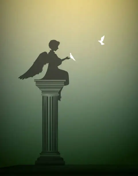 Vector illustration of innocent kind, small girl angel sitting on the column and touching the white pigeon,