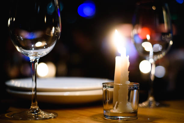 istock Empty glasses on table in night club or restaurant, closeup 904836762