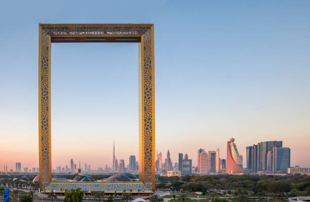Dubai frame building at sunrise Dubai, United Arab Emirates, January 13th, 2018: Dubai Frame building at sunrise dubai stock pictures, royalty-free photos & images