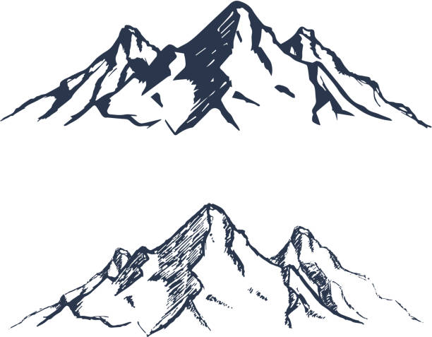 ilustrações de stock, clip art, desenhos animados e ícones de mountains set. hand drawn rocky peaks. vector - mountain peak illustrations