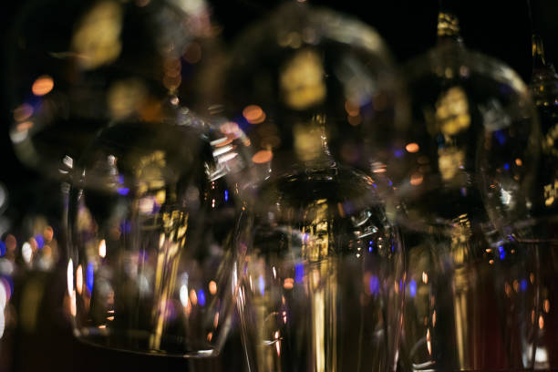 istock Empty glasses on table in night club or restaurant, closeup 904837748