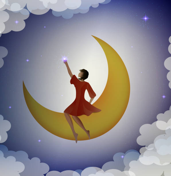 ilustrações de stock, clip art, desenhos animados e ícones de girl sitting on the moon and touching the star, - illuminated vertical shadow focus on shadow