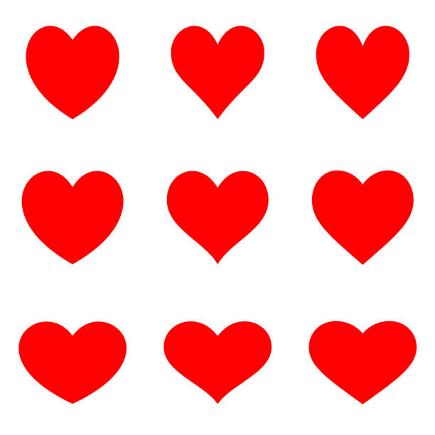 ilustraciones, imágenes clip art, dibujos animados e iconos de stock de corazones rojo simétrico - conjunto de iconos planos - corazones