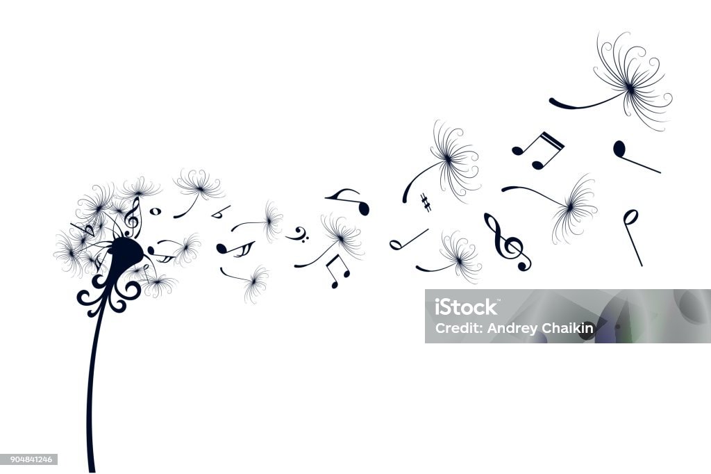 Dandelion with music notes. Field dandelion with flying seeds and music notes. Musical Note stock vector