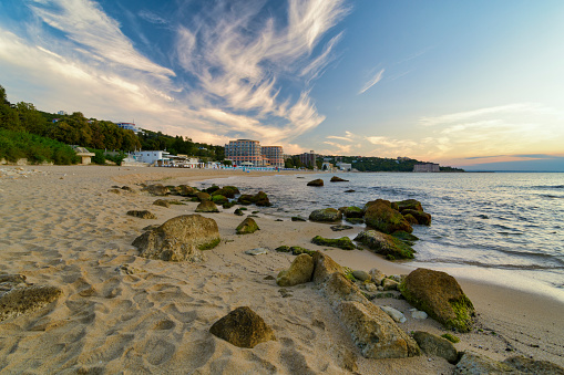 panoramic view of the Beach and blue sky , hotel in the background , VArna, Bulgaria