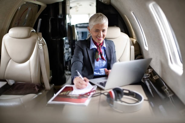 istock Businesswoman in private jet airplane 904848700