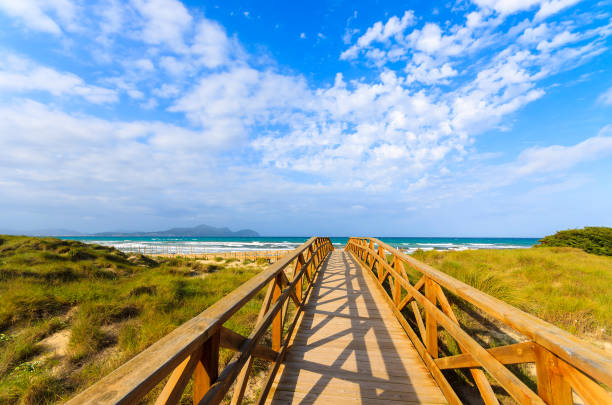 Wooden footbridge sand beach sea clouds blue sky, Can Picafort, Majorca, Spain Wooden footbridge sand beach sea clouds blue sky, Can Picafort, Majorca, Spain bay of alcudia stock pictures, royalty-free photos & images