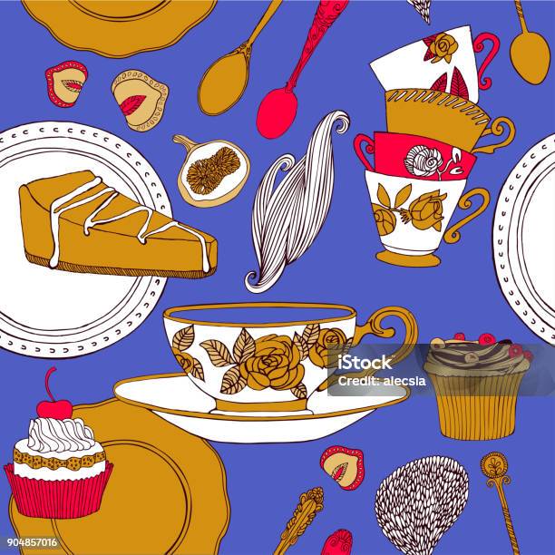 Sweets And Tea In Bright Colours Stock Illustration - Download Image Now - Tea - Hot Drink, Bakery, Blue