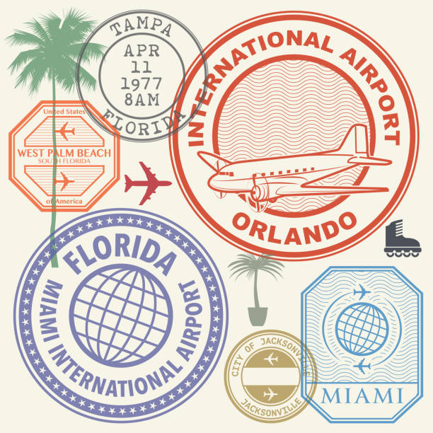 Retro postage USA airport stamps set Florida state Retro postage USA airport stamps set Florida state theme, vector illustration airplane silhouette commercial airplane shipping stock illustrations
