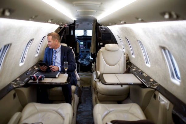 istock Businessman in private jet airplane 904861414
