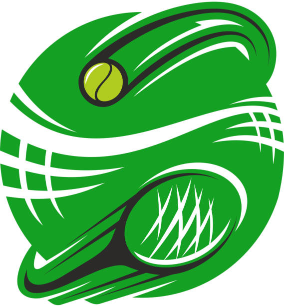 ilustraciones, imágenes clip art, dibujos animados e iconos de stock de icono de vector de tenis raqueta y bola para club deportivo - athlete flying tennis recreational pursuit