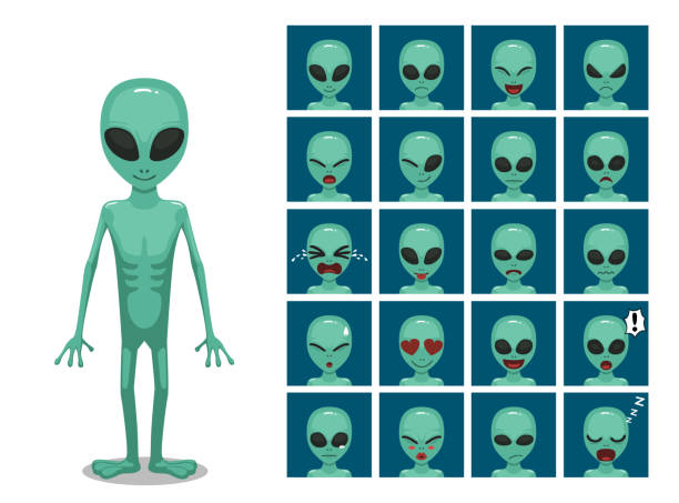 ilustrações de stock, clip art, desenhos animados e ícones de green big eye extraterrestrial alien cartoon emotion faces vector illustration - alien