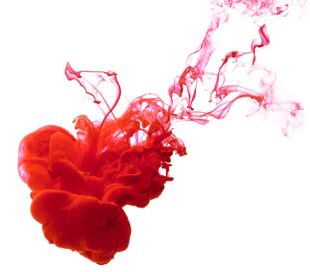 Ink red in the water isolated on white background