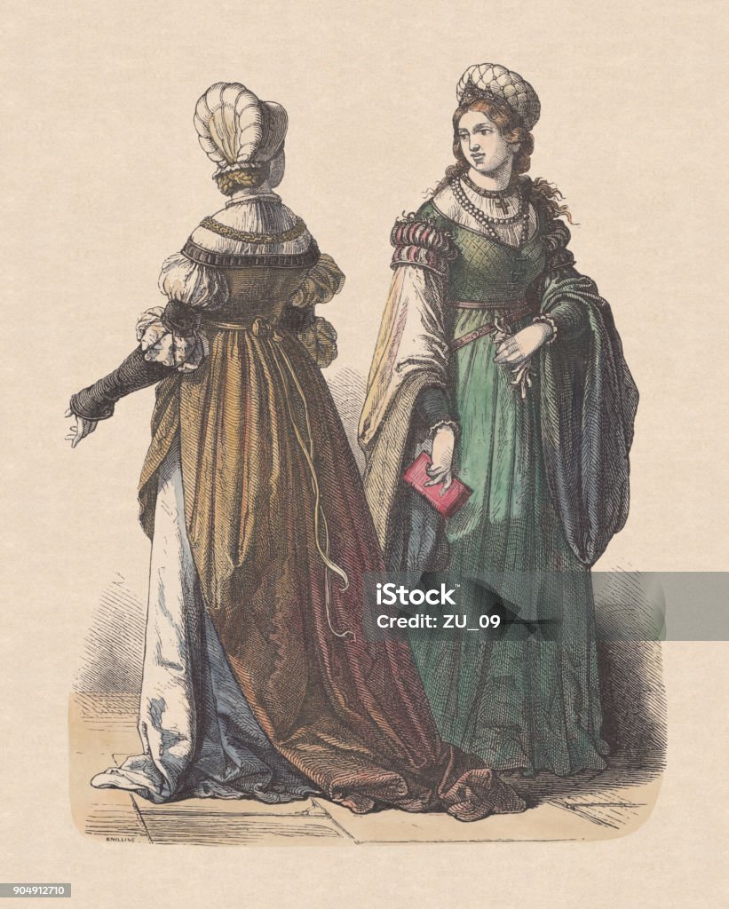 German patrician women, 16th century, hand-colored wood engraving, published c.1880 German patrician women, 1st third of the 16th century. Hand colored wood engraving, published c. 1880. 16th Century stock illustration