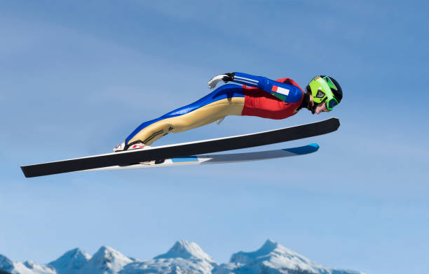 若い女性のスキー ジャンプの練習 - telemark skiing ストックフォトと画像