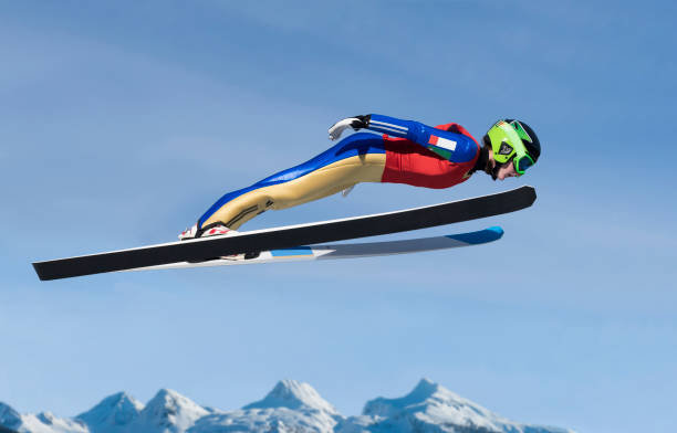 young women practicing ski jumping - telemark skiing fotos imagens e fotografias de stock