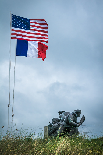 Pouppeville, France - May 29, 2014: A monument on Utah Beach in Normandy dedicated the the heroic seamen on the U.S. Navy during 'Operation Overlord' and the D-Day invasion