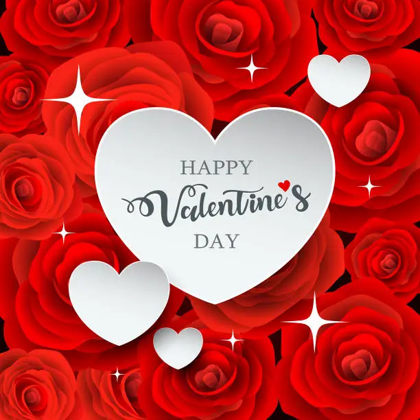 Vector illustration of Happy Valentine's day white heart paper on red rose background