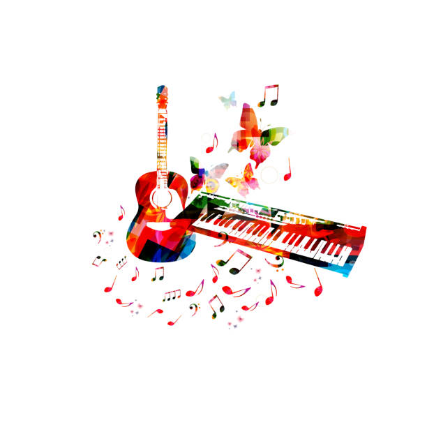 istock Music poster with colorful piano keyboard, guitar and music notes 904932858