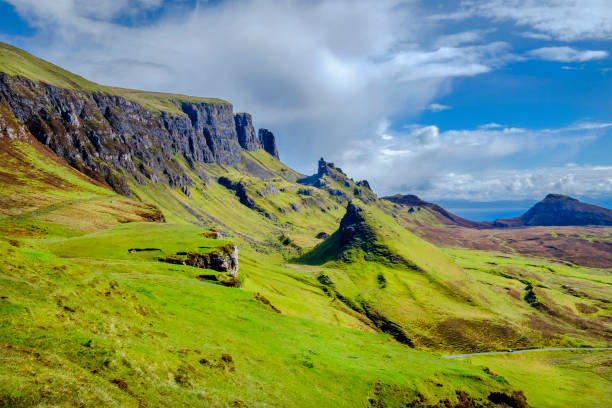 quiraing montagnes sur l’île de skye, la plus grande et la plus septentrionale des grandes îles dans les hébrides intérieures en écosse - quiraing needle photos et images de collection