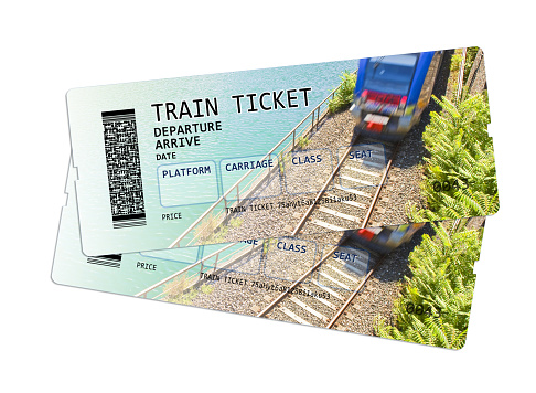 Train ticket concept image. The contents of the image are totally invented. The background image, with train, is a picture of my property.