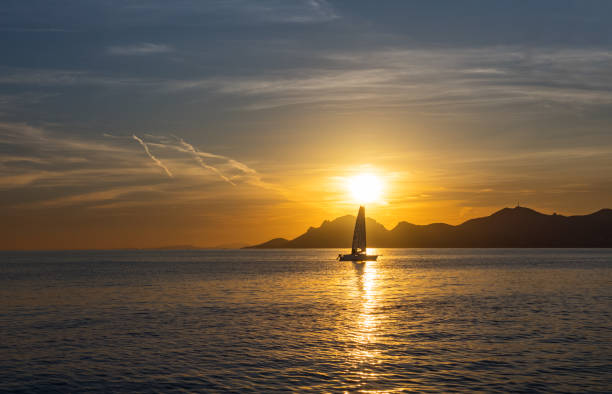 France, Cannes, sea view with sunset on the Esterel promontory