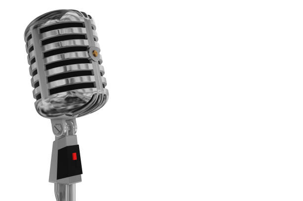 istock 3D model of a chrome vintage style microphone on a stand on a white background with copy space 904937666