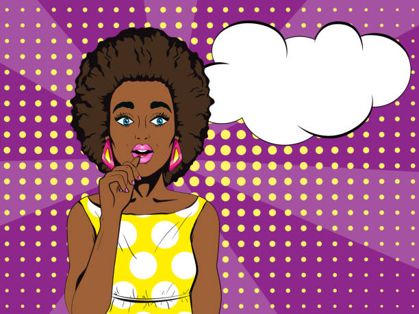 illustrazioni stock, clip art, cartoni animati e icone di tendenza di wow faccia pop art. sorpresa donna africana con bocca aperta e bolla vocale. pop art - britpop