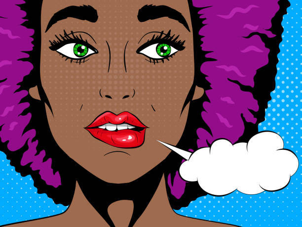 illustrazioni stock, clip art, cartoni animati e icone di tendenza di wow faccia pop art. donna africana confusa con bocca aperta e bolla vocale. pop art - britpop