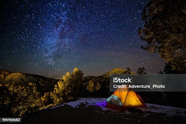 Camping In A Tent Under The Stars And Milky Way Galaxy Stock Photo - Download Image Now