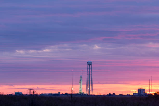 Sunrise over Orbital ATK's Antares launch vehicle, on launch pad 0 at the Mid-Atlantic Regional Spaceport, as it prepares to launch to the International Space Station on a cargo resupply mission.