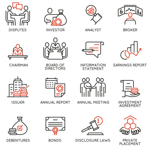 Team work and stakeholders icons - part 2 Vector set of linear icons related to business process, team work, human resource management and stakeholders. Mono line pictograms and infographics design elements - part 2 shareholders meeting stock illustrations