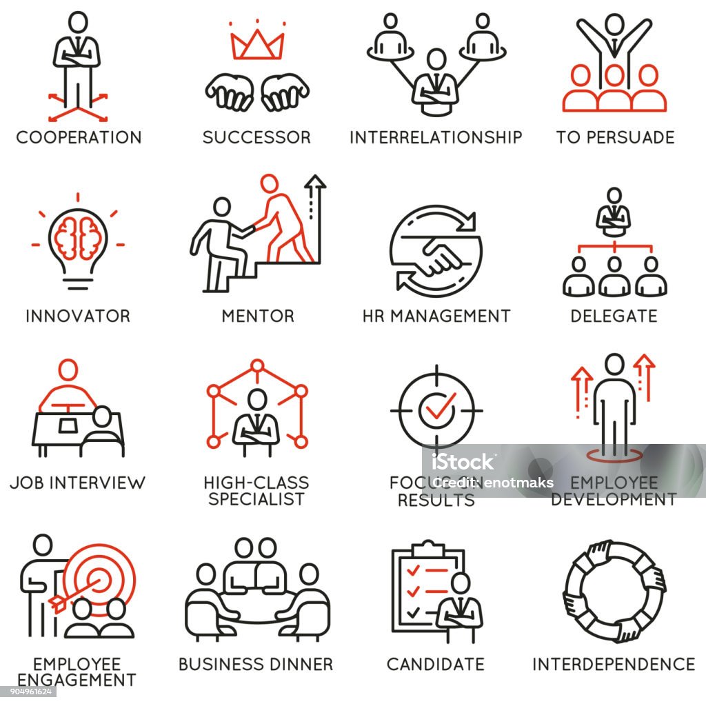 Proceso de negocio, la relación y los iconos de gestión de recursos humanos - arte vectorial de Ícono libre de derechos