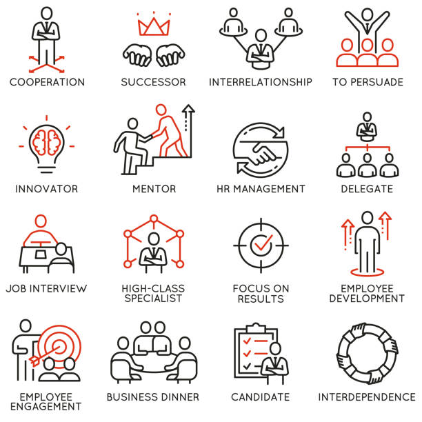 Business process, relationship and human resource management icons Vector set of linear icons related to business process, relationship and human resource management. Mono line pictograms and infographics design elements resourceful stock illustrations