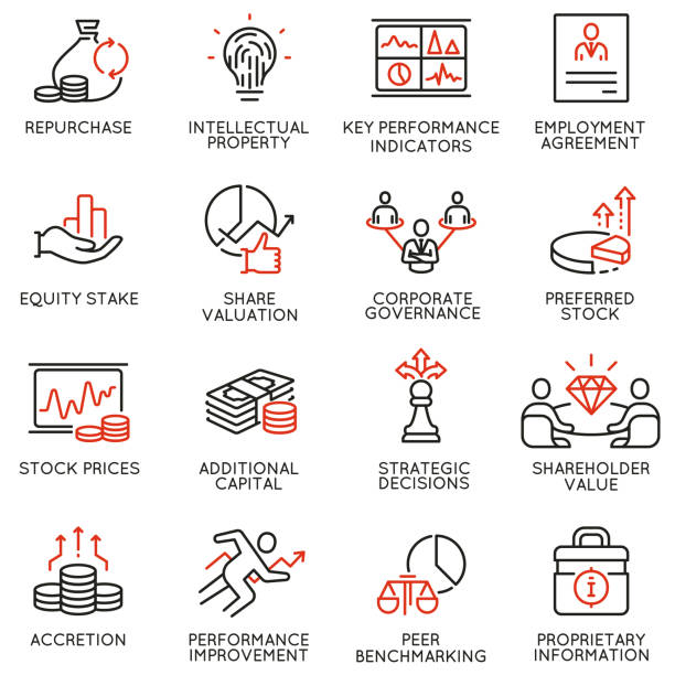 Team work and stakeholders icons - part 4 Vector set of linear icons related to business process, team work, human resource management and stakeholders. Mono line pictograms and infographics design elements - part 4 shareholders meeting stock illustrations