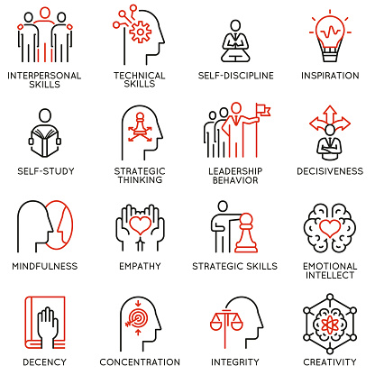 Vector set of linear icons related to skills, empowerment leadership development and qualities of a leader. Mono line pictograms and infographics design elements