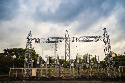 High voltage transformers and electric converters equipment in switchyard of hydroelectric power plant at Pak Mun Dam, a run-of-river hydroelectricity in Ubon Ratchathani Province, Thailand.