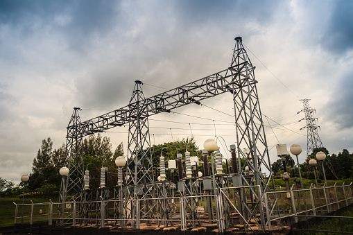 High voltage transformers and electric converters equipment in switchyard of hydroelectric power plant at Pak Mun Dam, a run-of-river hydroelectricity in Ubon Ratchathani Province, Thailand.