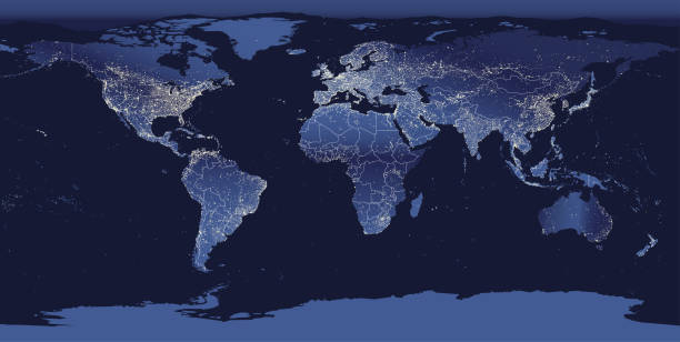 ilustraciones, imágenes clip art, dibujos animados e iconos de stock de ilustración de vector abstracto del mundo mapa de luces de la ciudad. vista de noche la tierra desde el espacio. - world map map earth cartography