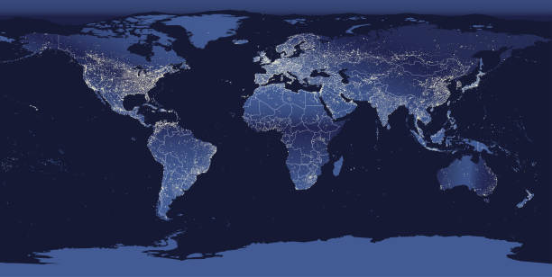 世界城市燈光圖的抽象向量插圖。從太空看地球的夜景。 - 歐亞大陸 幅插畫檔、美工圖案、卡通及圖標