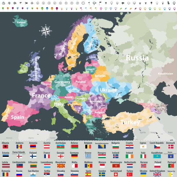 map of Europe colored by countries with regions borders. Flags of all european countries. map of Europe colored by countries with regions borders. Flags of all european countries. Navigation, location and travel icons. All elements separated in labeled and detached layers. Vector andorra map stock illustrations