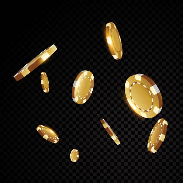 istock Gold casino poker chips flying in front of black background 904971752