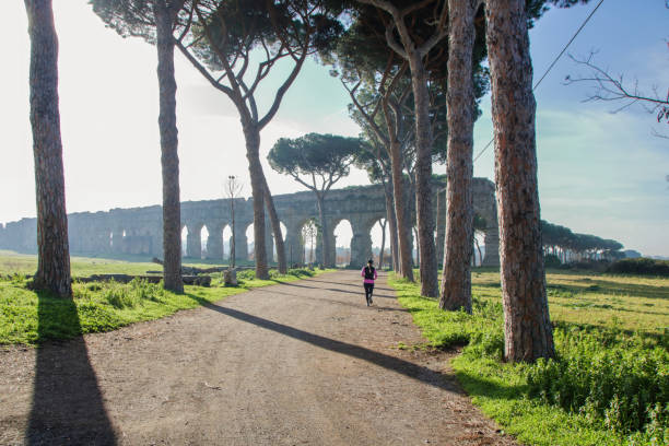 park akweduktu przy ulicy appia - roman column arch pedestrian walkway zdjęcia i obrazy z banku zdjęć