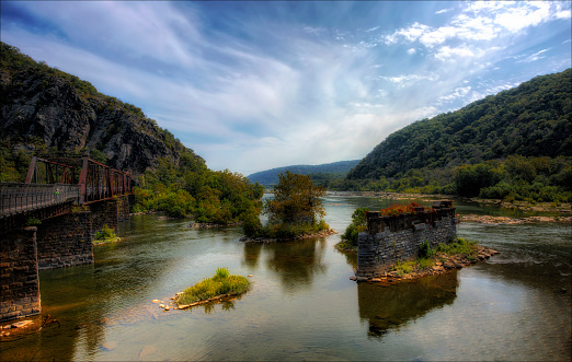 The confluence of the Potomac and Shenandoah Rivers with a railroad bridge in the foreground.