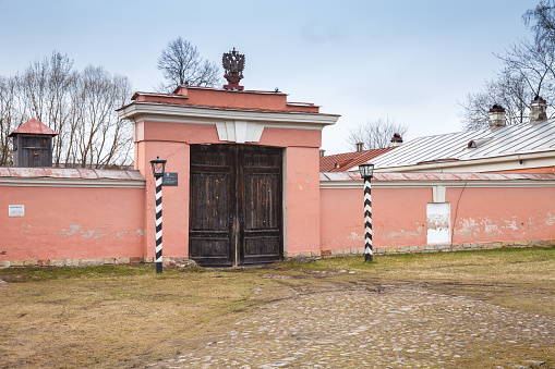 Vyra, Russia - April 23, 2016: Entrance to the Stationmaster house is a literary-memorial museum in the village of Vyra of Gatchina district, Leningrad region
