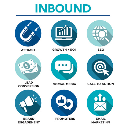 Solid inbound marketing vector icon set - CTAs, social media, magnet