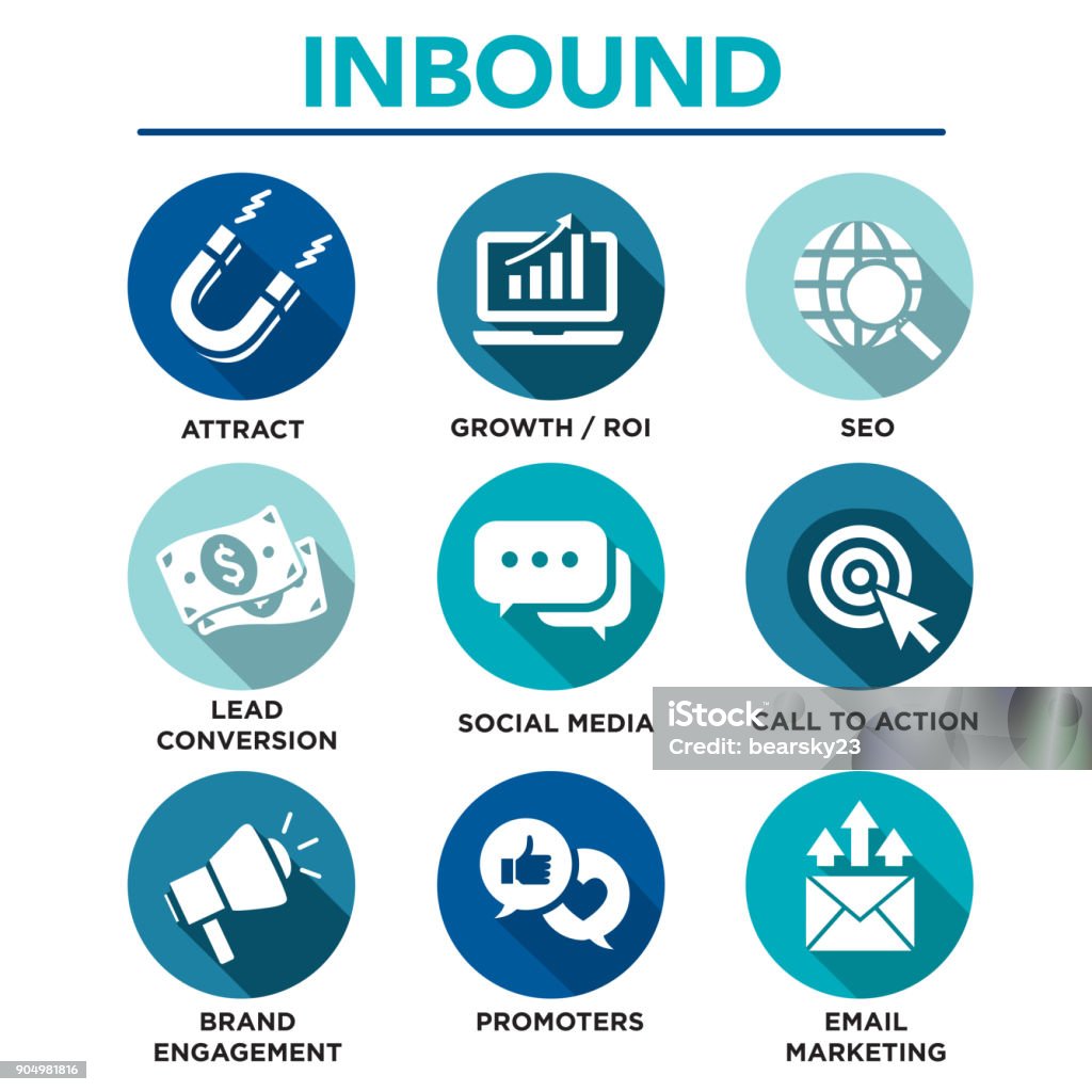 Inbound Marketing Vector Icons with CTA, Growth, SEO, etc Solid inbound marketing vector icon set - CTAs, social media, magnet Icon Symbol stock vector