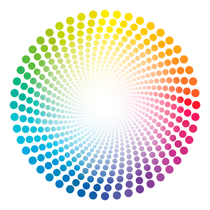 Spiral dots tube pattern - rainbow colored twisted circle illustration with white shining glowing center.