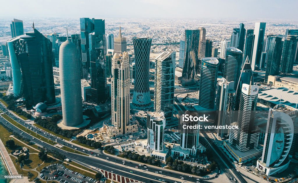 Downtown Doha Qatar Aerial Modern Skyscrapers Building - Activity, Building Exterior, Built Structure, Construction Industry, Construction Site Qatar Stock Photo